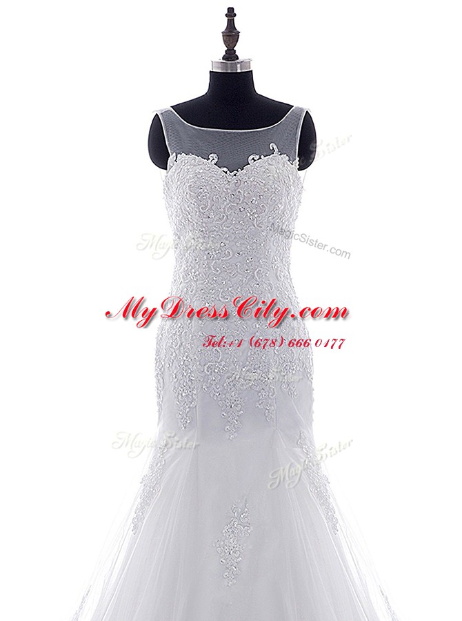 Lovely Mermaid Scoop Tulle Sleeveless With Train Bridal Gown Brush Train and Lace and Appliques