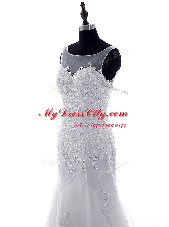 Lovely Mermaid Scoop Tulle Sleeveless With Train Bridal Gown Brush Train and Lace and Appliques