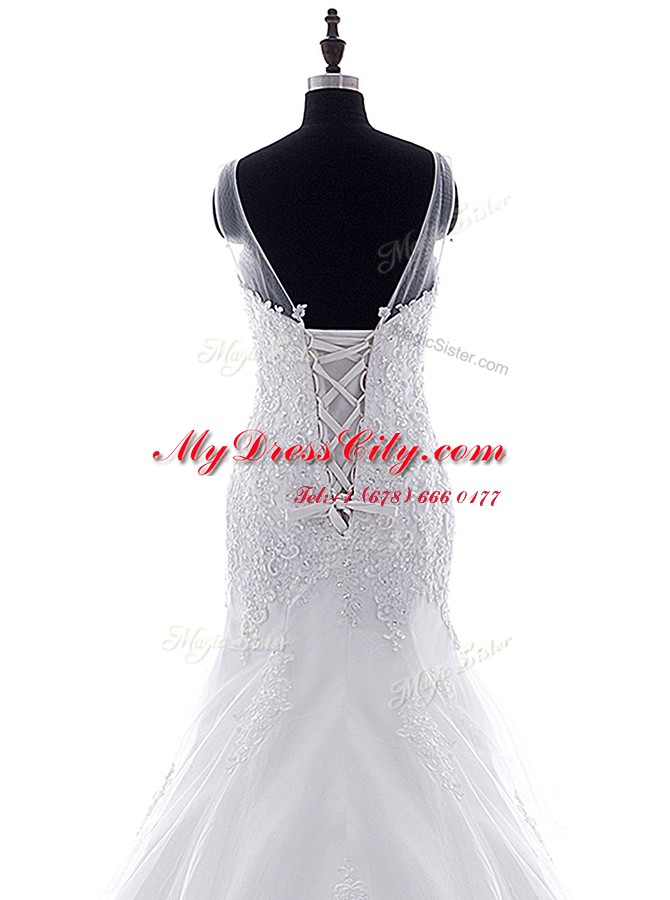 Lovely Mermaid Scoop Tulle Sleeveless With Train Bridal Gown Brush Train and Lace and Appliques