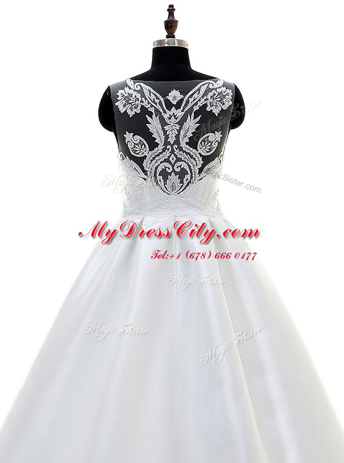 Sleeveless Sweep Train Lace and Appliques Zipper Wedding Gown