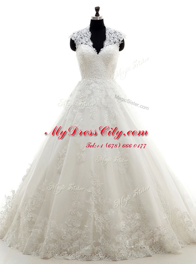 Cap Sleeves Brush Train Lace and Appliques Clasp Handle Wedding Gown