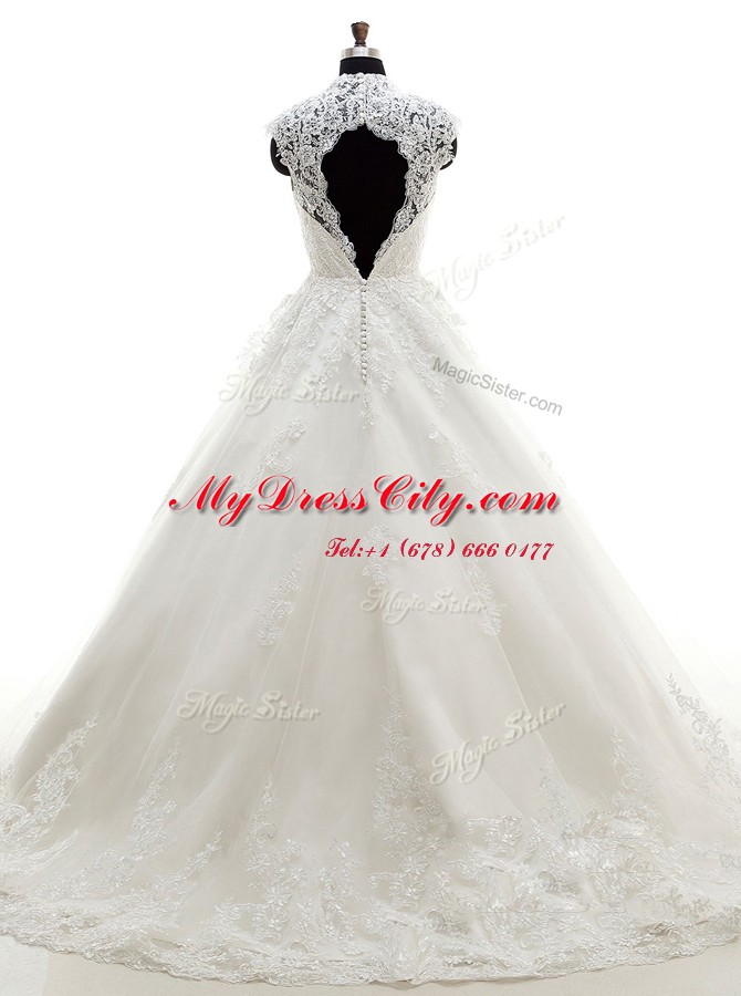 Cap Sleeves Brush Train Lace and Appliques Clasp Handle Wedding Gown