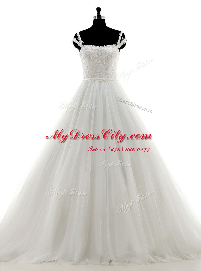 Noble Brush Train A-line Wedding Dress White Spaghetti Straps Tulle Sleeveless With Train Lace Up