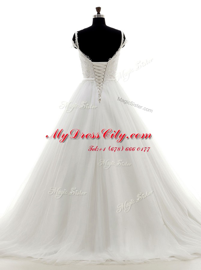 Noble Brush Train A-line Wedding Dress White Spaghetti Straps Tulle Sleeveless With Train Lace Up