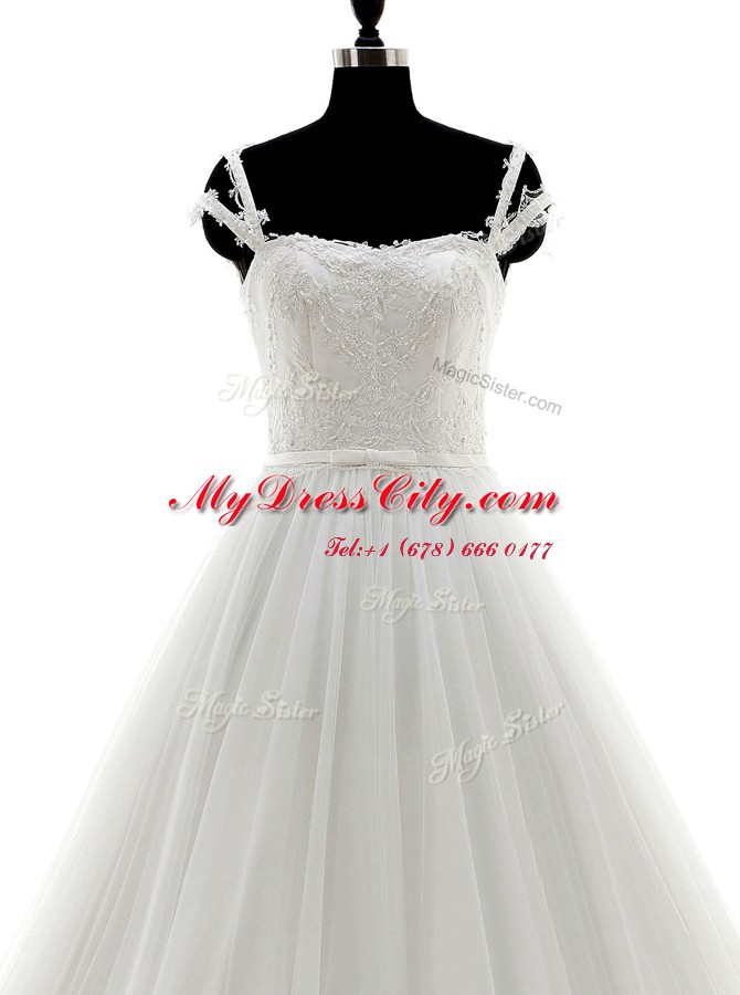 Noble Brush Train A-line Wedding Dress White Spaghetti Straps Tulle Sleeveless With Train Lace Up