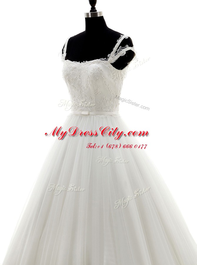 Noble Brush Train A-line Wedding Dress White Spaghetti Straps Tulle Sleeveless With Train Lace Up