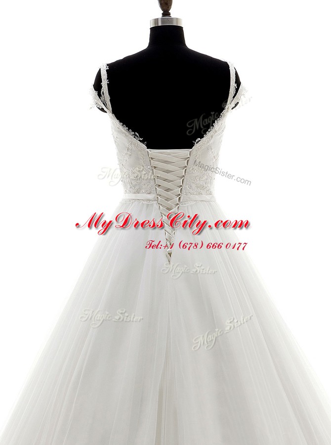 Noble Brush Train A-line Wedding Dress White Spaghetti Straps Tulle Sleeveless With Train Lace Up