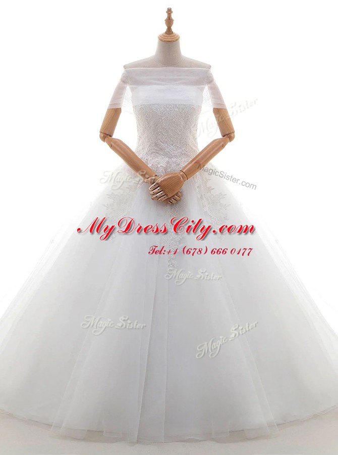 With Train A-line Cap Sleeves White Wedding Gowns Court Train Lace Up