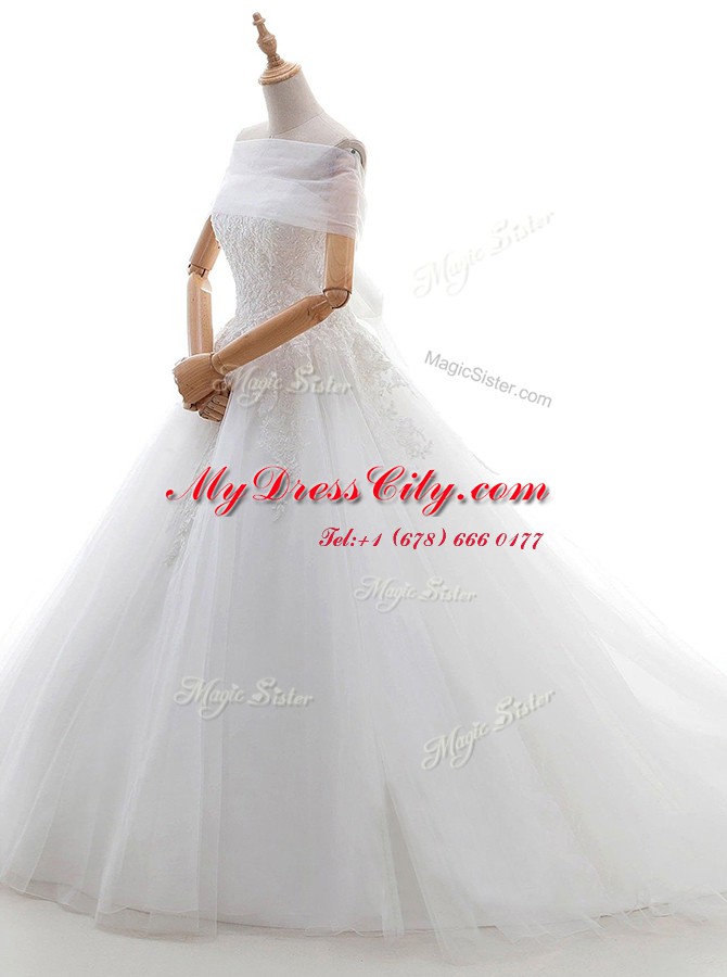 With Train A-line Cap Sleeves White Wedding Gowns Court Train Lace Up