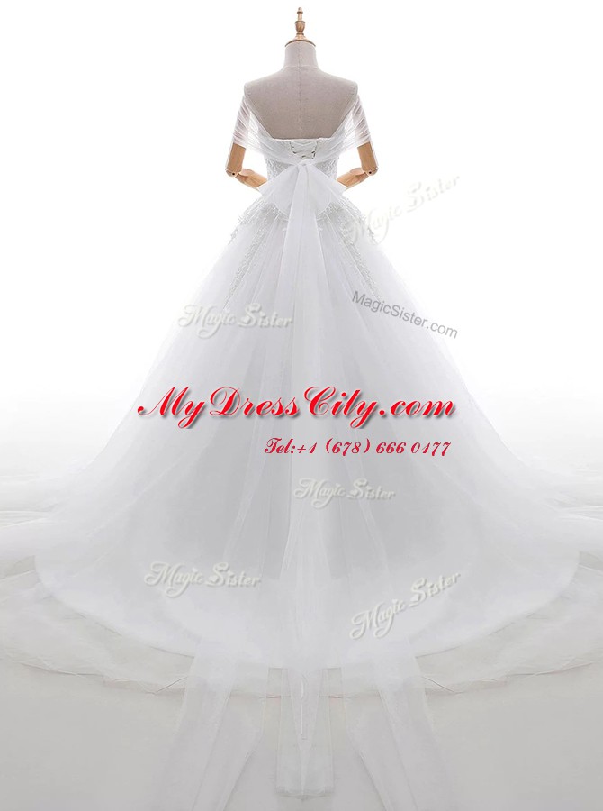 With Train A-line Cap Sleeves White Wedding Gowns Court Train Lace Up