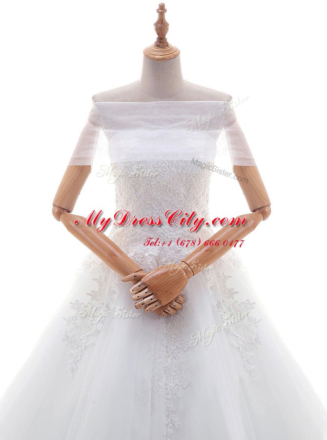 With Train A-line Cap Sleeves White Wedding Gowns Court Train Lace Up