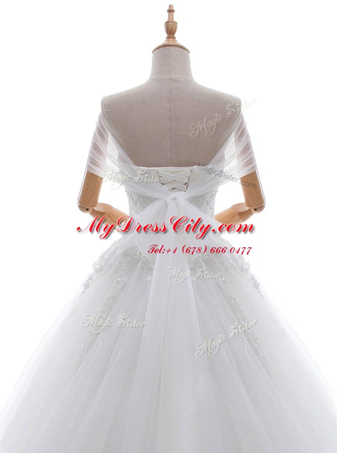 With Train A-line Cap Sleeves White Wedding Gowns Court Train Lace Up