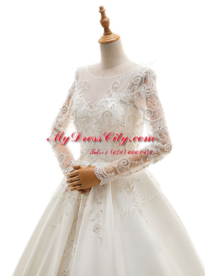 Long Sleeves With Train Appliques Zipper Wedding Gowns with White Cathedral Train