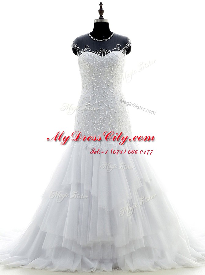 Scoop Beading and Lace Bridal Gown White Zipper Short Sleeves With Brush Train