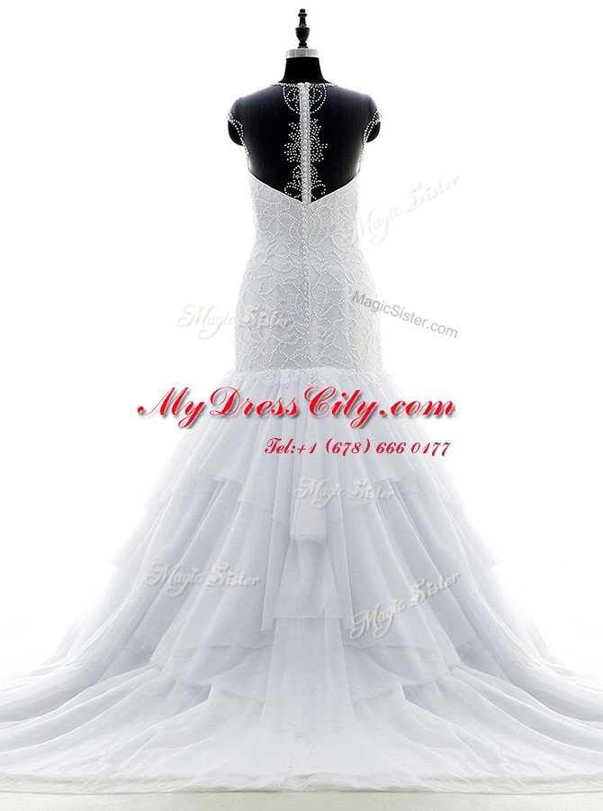 Scoop Beading and Lace Bridal Gown White Zipper Short Sleeves With Brush Train