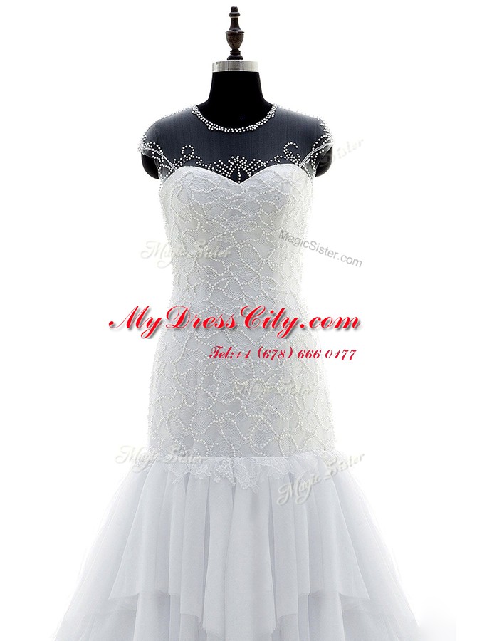 Scoop Beading and Lace Bridal Gown White Zipper Short Sleeves With Brush Train