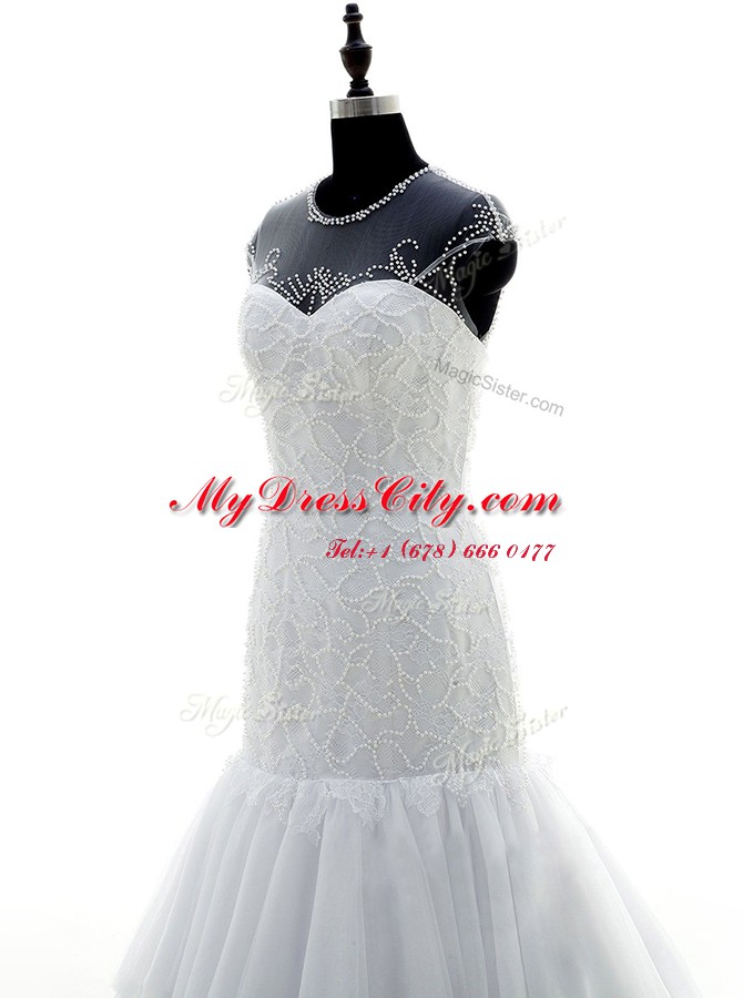 Scoop Beading and Lace Bridal Gown White Zipper Short Sleeves With Brush Train