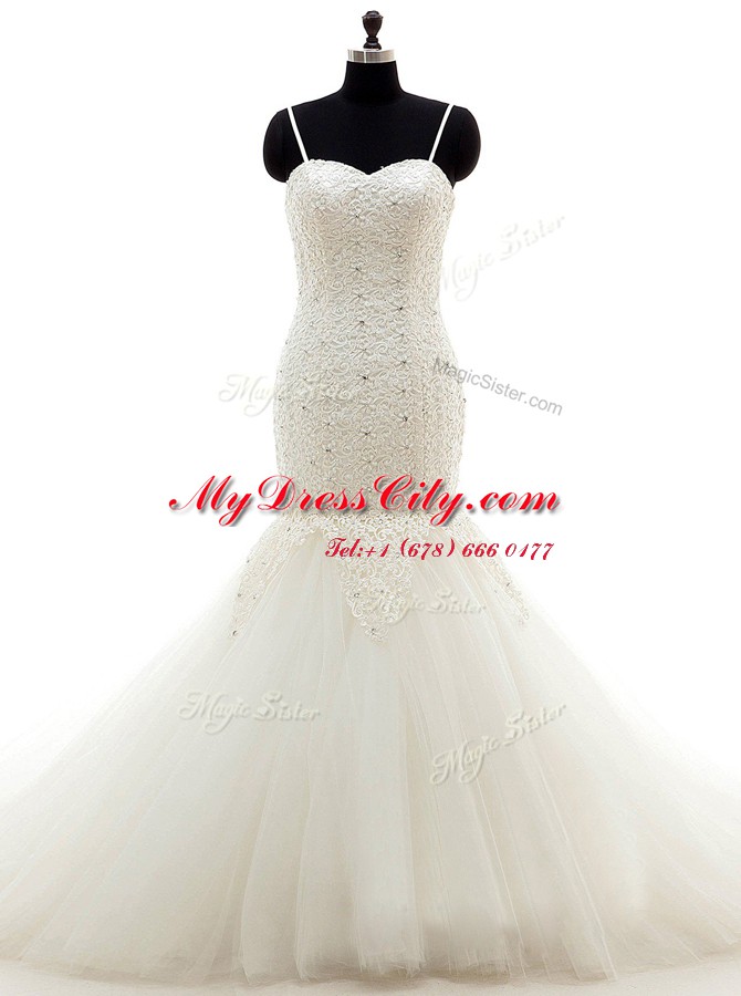 Custom Fit Mermaid Spaghetti Straps Sleeveless Wedding Gown With Brush Train Beading and Lace White Tulle