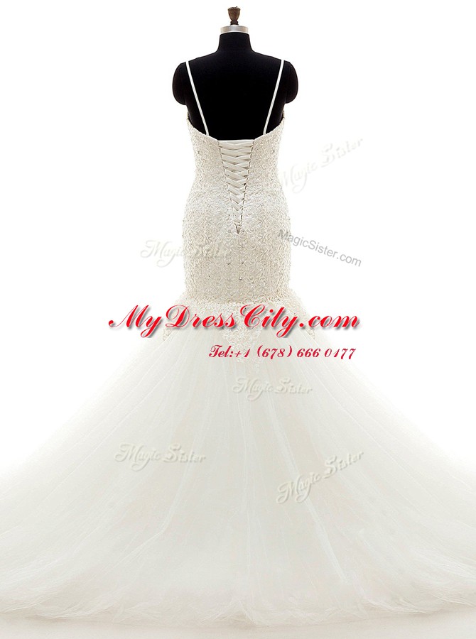 Custom Fit Mermaid Spaghetti Straps Sleeveless Wedding Gown With Brush Train Beading and Lace White Tulle