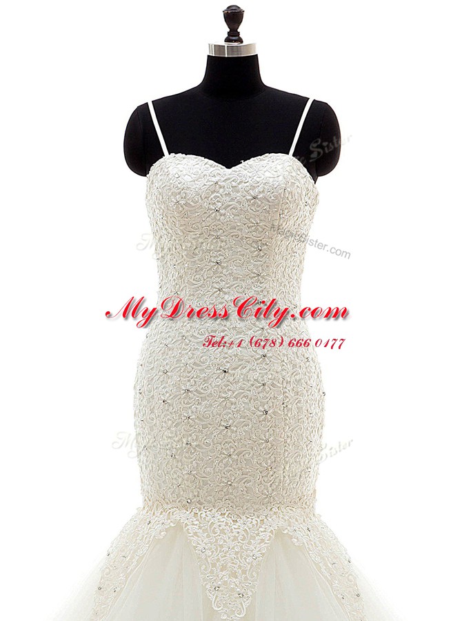 Custom Fit Mermaid Spaghetti Straps Sleeveless Wedding Gown With Brush Train Beading and Lace White Tulle