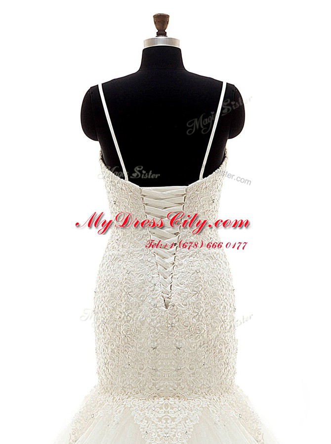 Custom Fit Mermaid Spaghetti Straps Sleeveless Wedding Gown With Brush Train Beading and Lace White Tulle