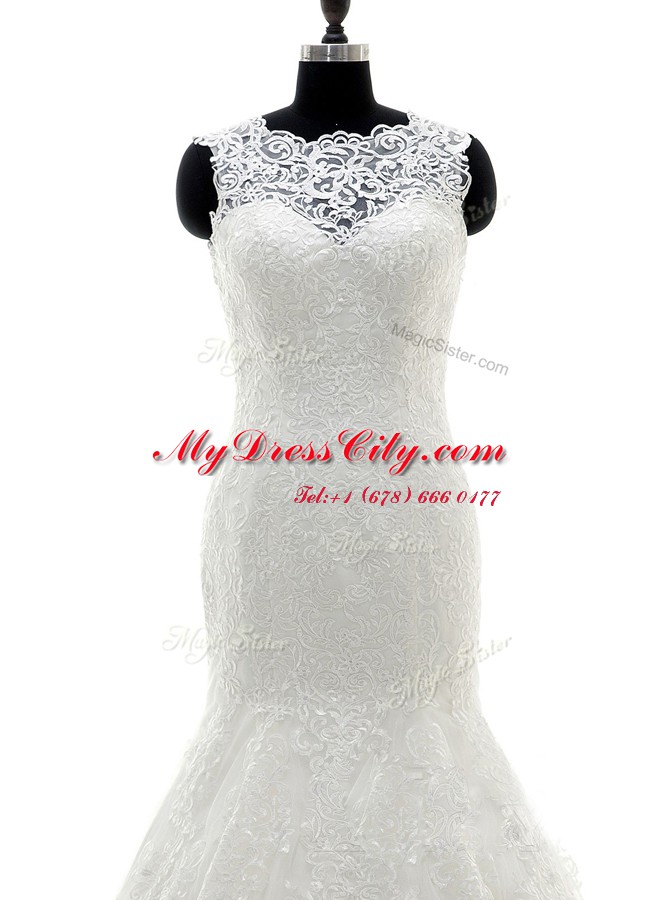 Super Mermaid Scalloped White Sleeveless With Train Lace and Appliques Clasp Handle Wedding Dresses