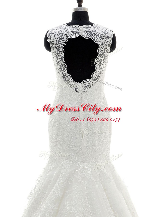 Super Mermaid Scalloped White Sleeveless With Train Lace and Appliques Clasp Handle Wedding Dresses