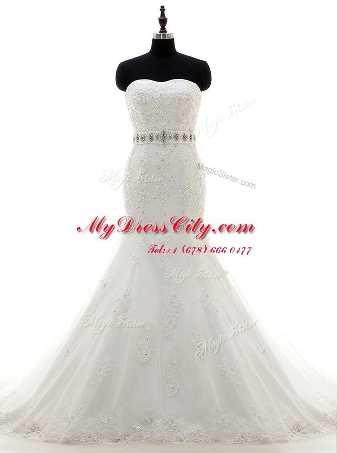 Chic Mermaid Sleeveless With Train Beading and Sashes ribbons Lace Up Wedding Dresses with White Brush Train