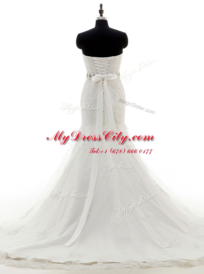 Chic Mermaid Sleeveless With Train Beading and Sashes ribbons Lace Up Wedding Dresses with White Brush Train