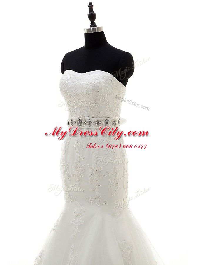 Chic Mermaid Sleeveless With Train Beading and Sashes ribbons Lace Up Wedding Dresses with White Brush Train