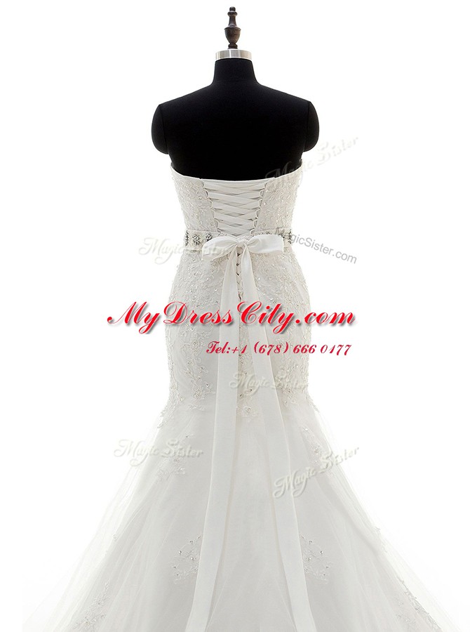 Chic Mermaid Sleeveless With Train Beading and Sashes ribbons Lace Up Wedding Dresses with White Brush Train