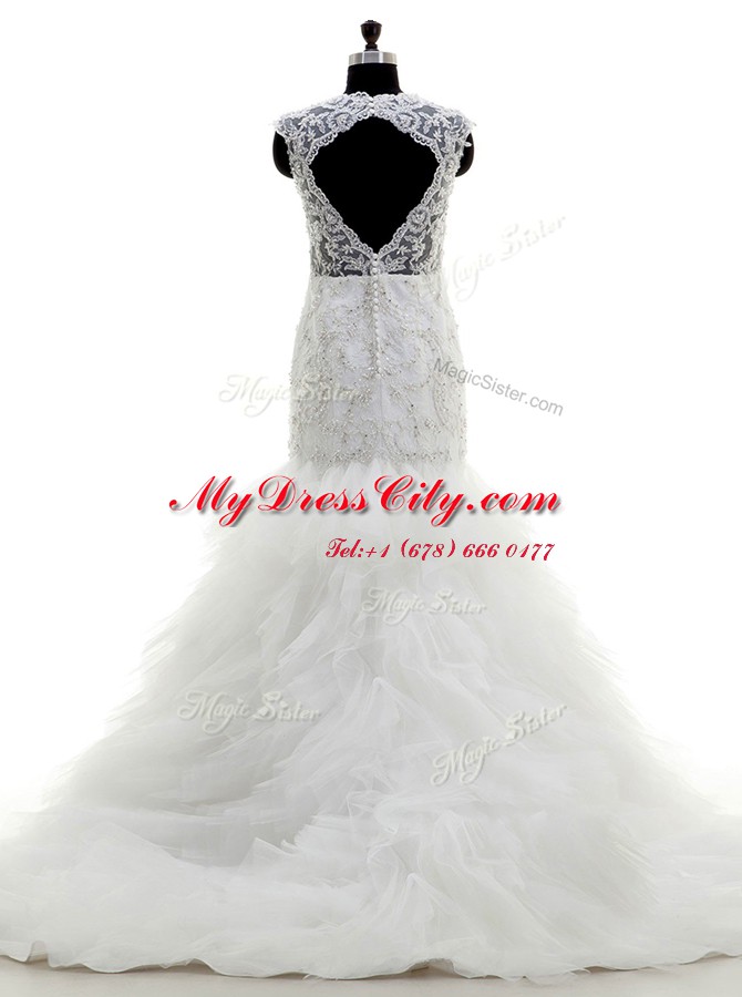 Brush Train Mermaid Wedding Gown White V-neck Tulle Cap Sleeves With Train Clasp Handle