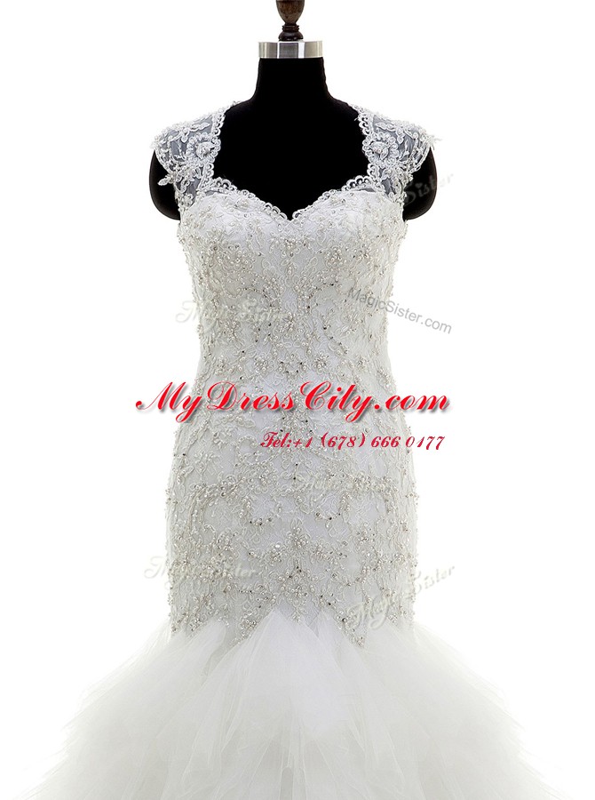 Brush Train Mermaid Wedding Gown White V-neck Tulle Cap Sleeves With Train Clasp Handle