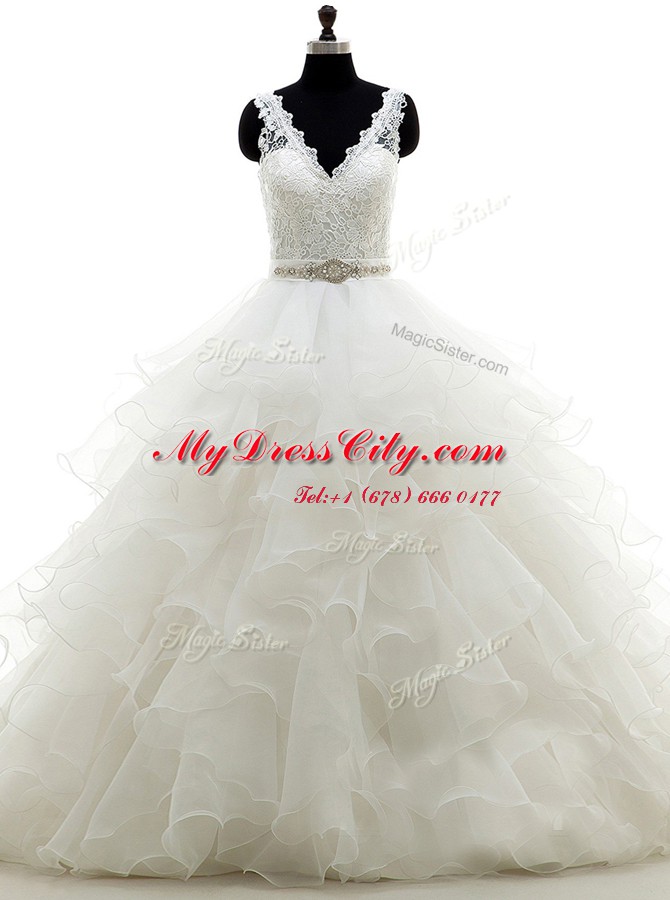 Pretty White Sleeveless Organza Brush Train Backless Wedding Dress for Wedding Party