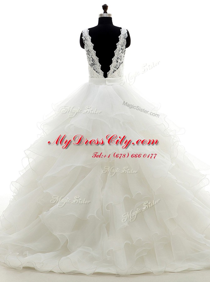 Pretty White Sleeveless Organza Brush Train Backless Wedding Dress for Wedding Party