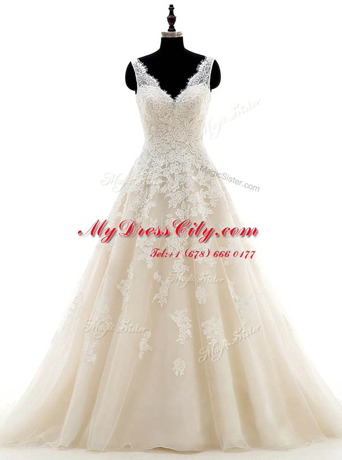 Champagne A-line Organza V-neck Sleeveless Lace and Appliques With Train Clasp Handle Bridal Gown Brush Train