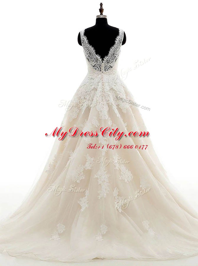 Champagne A-line Organza V-neck Sleeveless Lace and Appliques With Train Clasp Handle Bridal Gown Brush Train