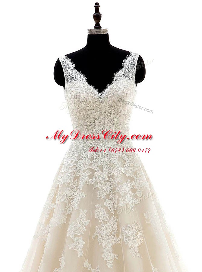 Champagne A-line Organza V-neck Sleeveless Lace and Appliques With Train Clasp Handle Bridal Gown Brush Train