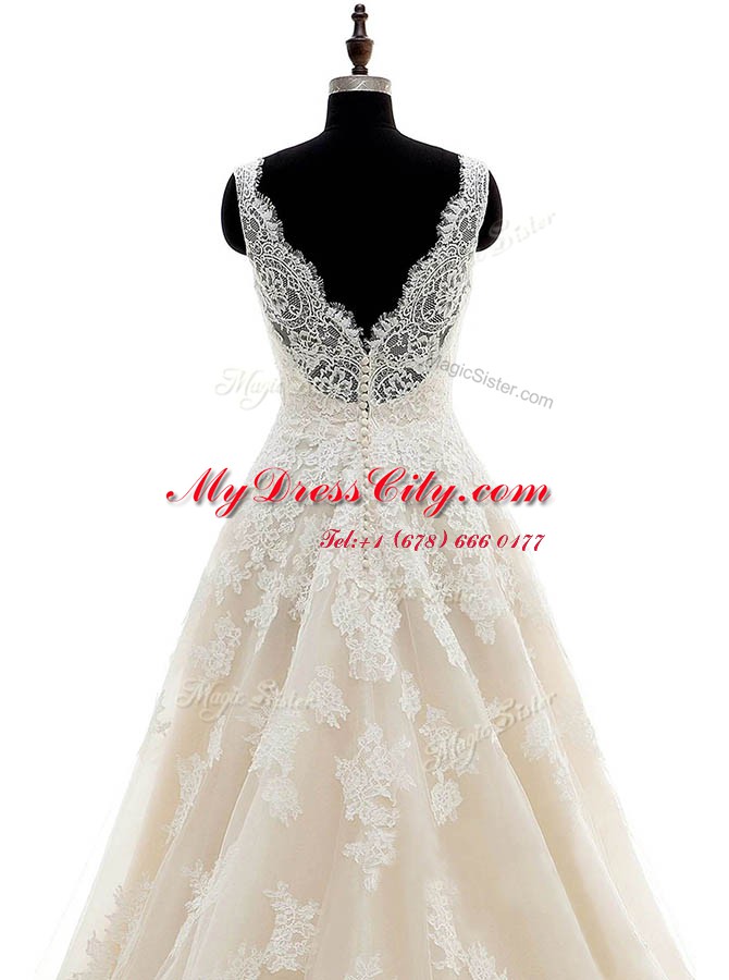 Champagne A-line Organza V-neck Sleeveless Lace and Appliques With Train Clasp Handle Bridal Gown Brush Train