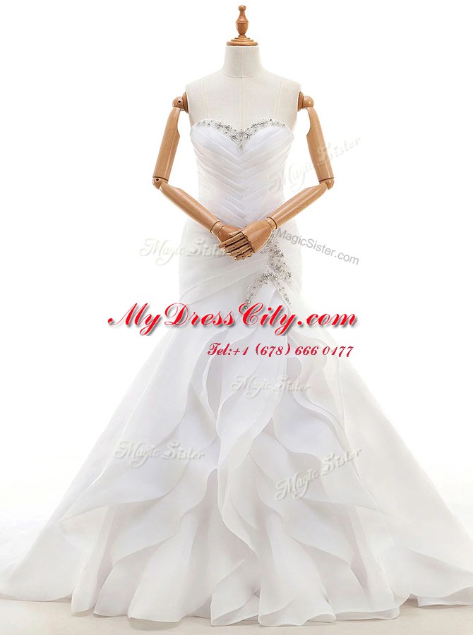 White Lace Up Sweetheart Beading and Ruffles Wedding Dresses Organza Sleeveless Court Train