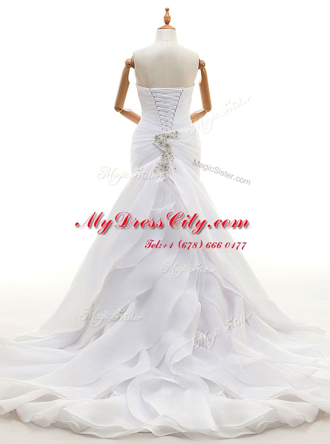 White Lace Up Sweetheart Beading and Ruffles Wedding Dresses Organza Sleeveless Court Train