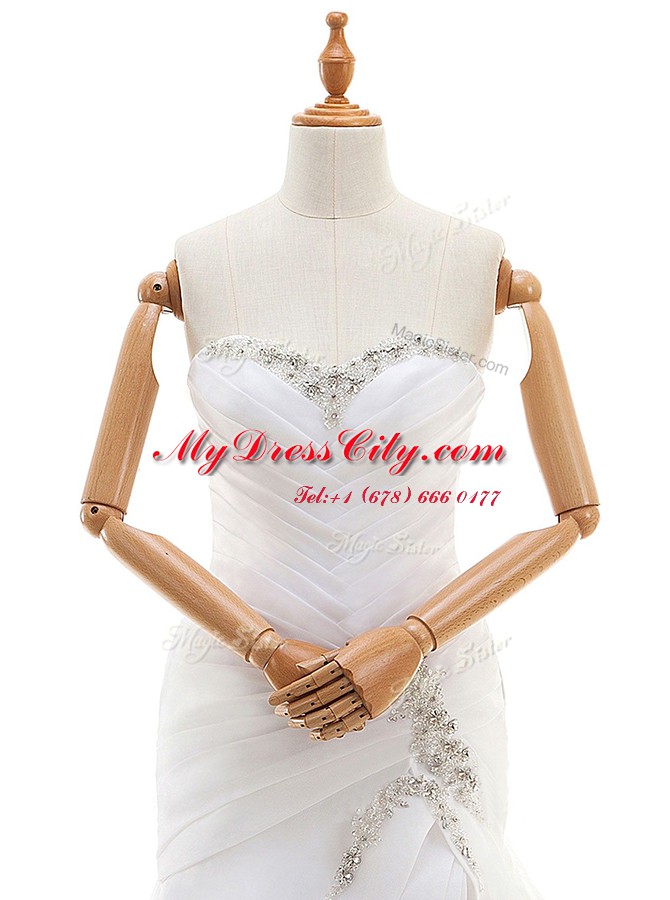 White Lace Up Sweetheart Beading and Ruffles Wedding Dresses Organza Sleeveless Court Train