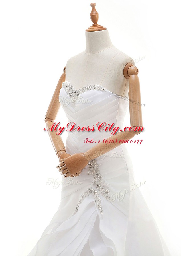 White Lace Up Sweetheart Beading and Ruffles Wedding Dresses Organza Sleeveless Court Train