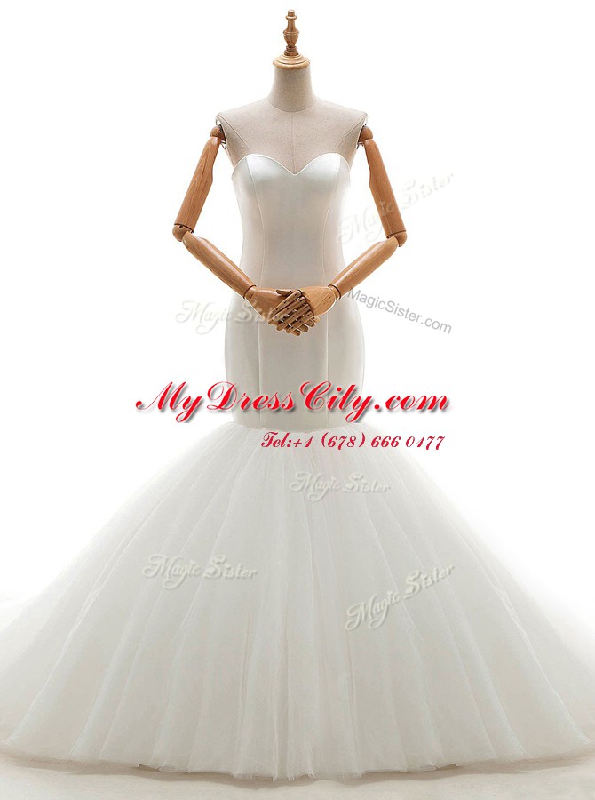 New Arrival Mermaid White Tulle Lace Up Sweetheart Sleeveless With Train Wedding Dresses Brush Train Ruching