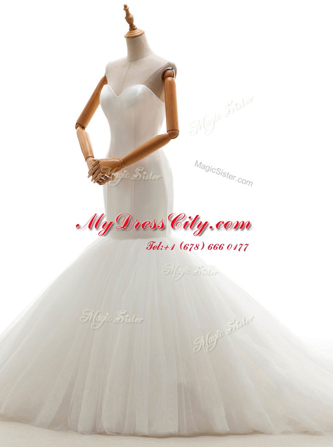 New Arrival Mermaid White Tulle Lace Up Sweetheart Sleeveless With Train Wedding Dresses Brush Train Ruching