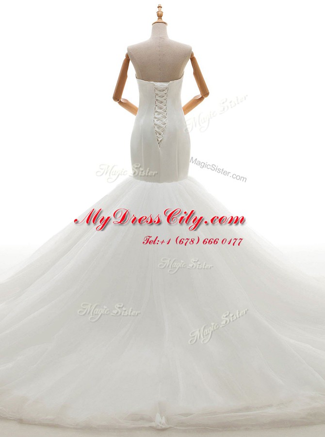 New Arrival Mermaid White Tulle Lace Up Sweetheart Sleeveless With Train Wedding Dresses Brush Train Ruching