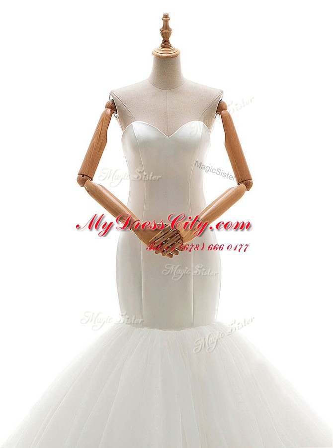 New Arrival Mermaid White Tulle Lace Up Sweetheart Sleeveless With Train Wedding Dresses Brush Train Ruching