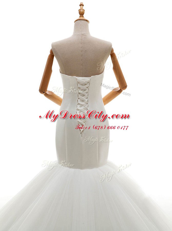 New Arrival Mermaid White Tulle Lace Up Sweetheart Sleeveless With Train Wedding Dresses Brush Train Ruching