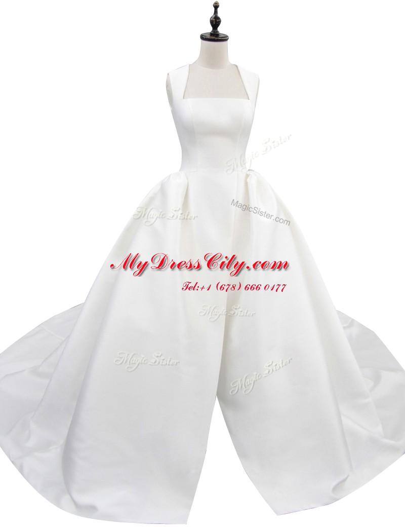 With Train Empire Sleeveless White Wedding Gown Court Train Zipper