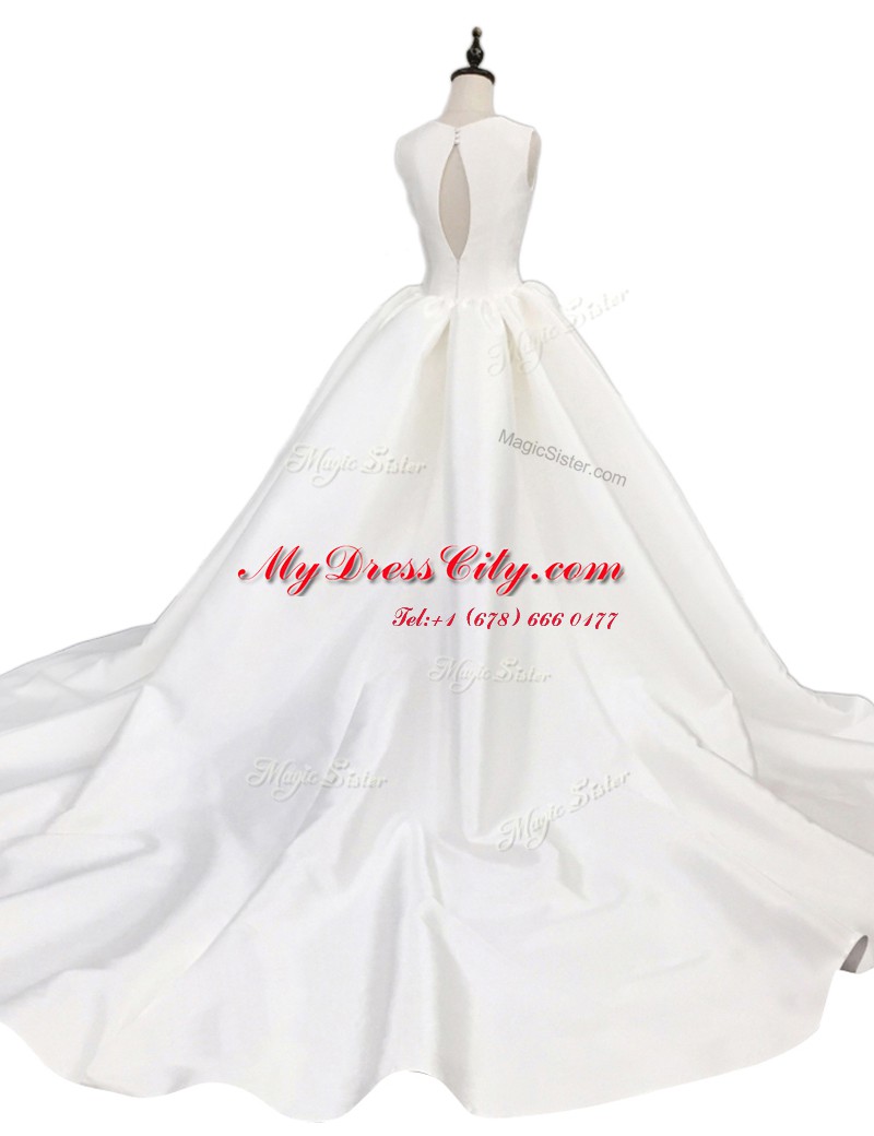 With Train Empire Sleeveless White Wedding Gown Court Train Zipper